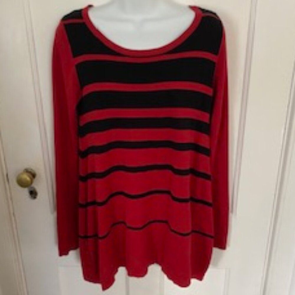 August Silk Red & Black Striped Scoop Neck Tunic with Red Buttons, Size S